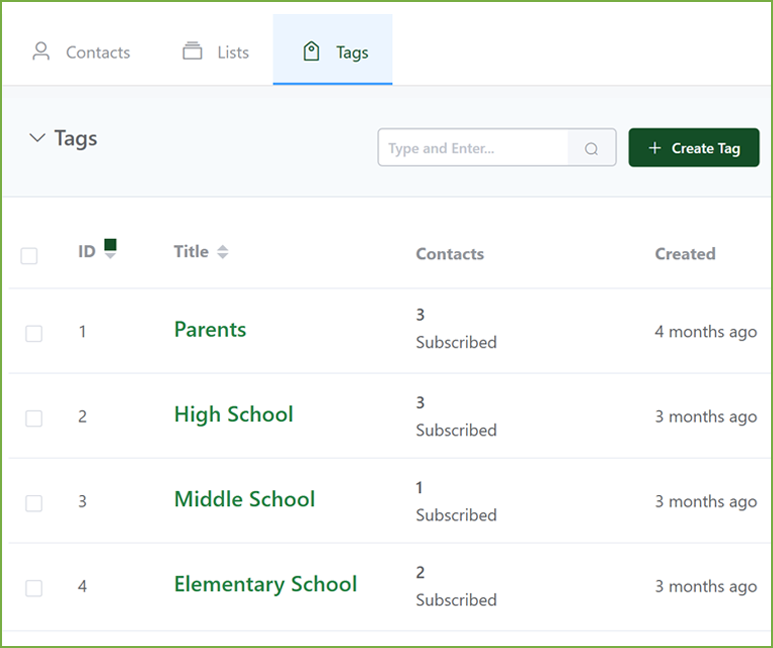 built in contact management for schools including tags and lists